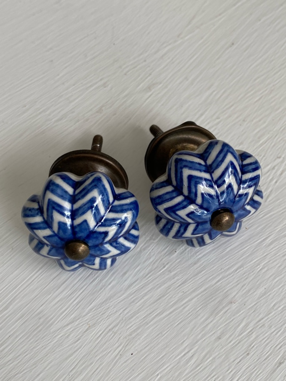 Set of 2 Blue & White Ceramic Melon Knobs Drawer Pulls Boho Chevron DIY Project